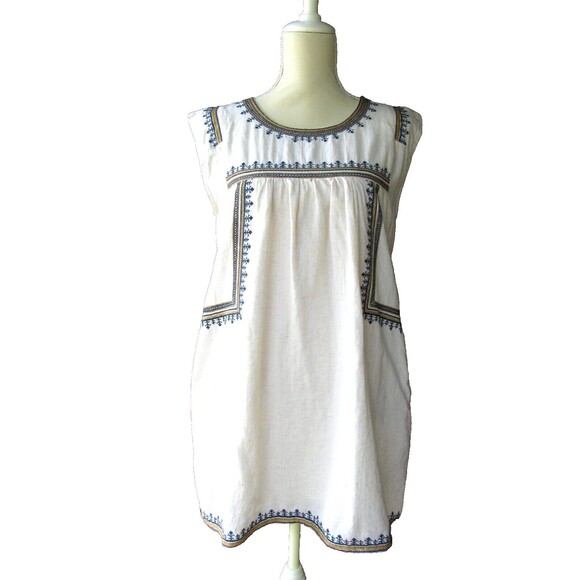 World Market Women S/M Cotton Linen Tunic Mini Dress Embroidered Boho Chic Ivory - Picture 2 of 11